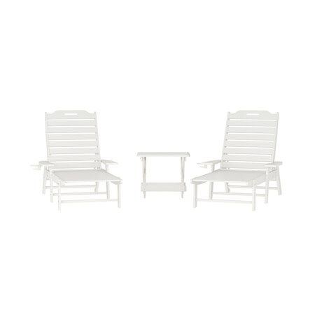 Flash Furniture Monterey 3-Pc Adirondack Set w/2 Adjustable HDPE Loungers w/Cup Holders and Folding Side Table, Wht LE-HMP-2017-2-T1620H-WT-GG